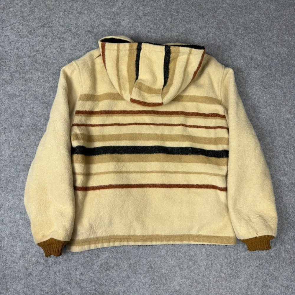 Vintage Wool Striped Hooded Jacket Mens Tan Brown Hudson Bay Style Sherpa Lined
